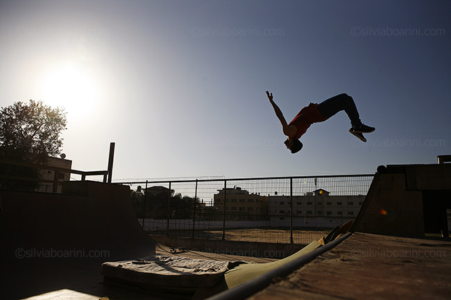 X-Games Team members practice at the ramp. Qalqilya, Palestine